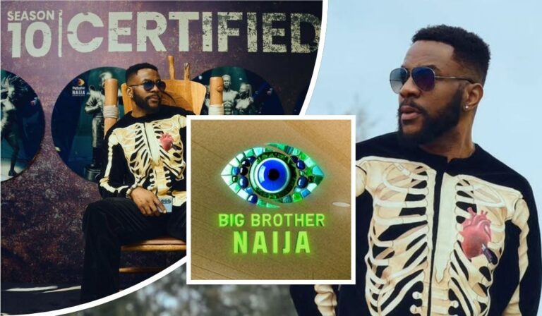 Collage featuring BBNaija host Ebuka Obi-Uchendu seated in a skeletal-themed outfit, alongside the vibrant BBNaija logo with a colorful eye design and "Season 10 Certified" text, highlighting the show's branding.