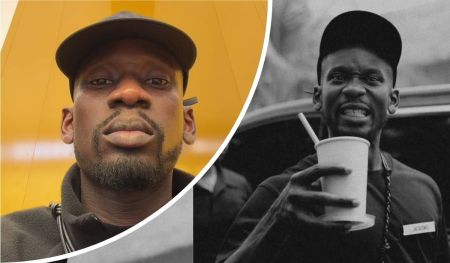 A collage featuring singer Mr. Eazi, with one side showing him in a cap against a yellow background and the other side depicting him in a black-and-white scene holding a drink with a name tag reading "JACOB".