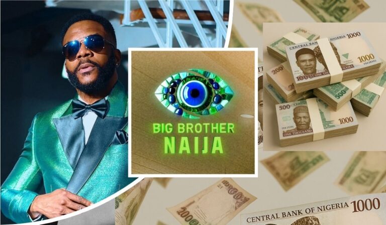 Collage featuring BBNaija host Ebuka Obi-Uchendu in a shiny green suit, the BBNaija logo with a prominent eye design, and stacks of Nigerian naira notes.