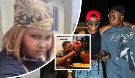 Collage featuring Peller's mom in a floral headwrap, Peller and his girlfriend Jarvis enjoying a meal together, and the couple posing outdoors with Peller wearing a "Hangover" shirt.