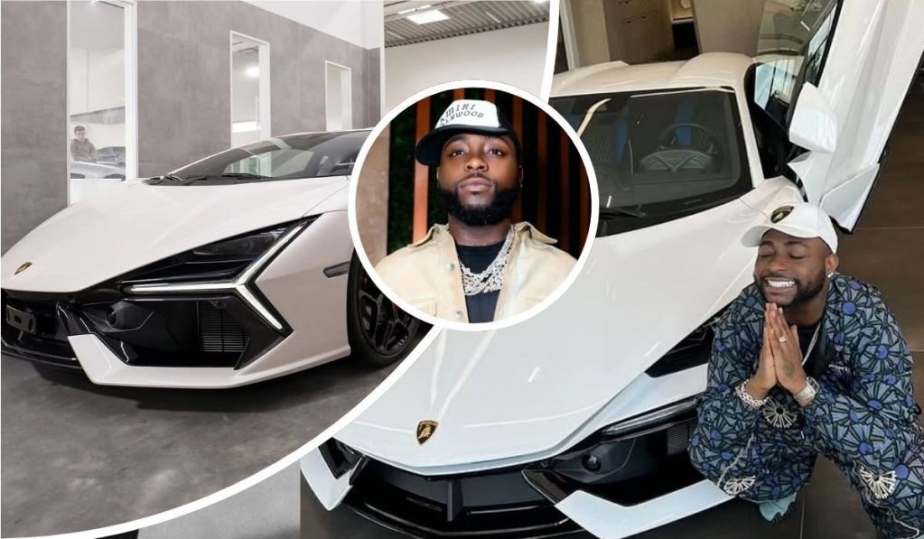 Collage showcasing Davido posing with his new white Lamborghini, featuring close-up shots of the car's sleek design and Davido in stylish attire, including a cap and patterned outfit, inside a showroom.