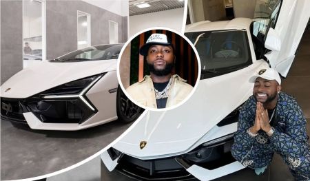 Collage showcasing Davido posing with his new white Lamborghini, featuring close-up shots of the car's sleek design and Davido in stylish attire, including a cap and patterned outfit, inside a showroom.