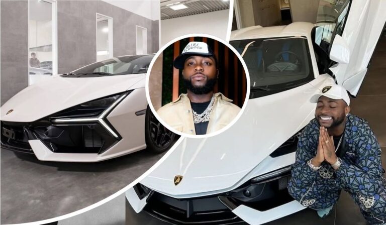 Collage showcasing Davido posing with his new white Lamborghini, featuring close-up shots of the car's sleek design and Davido in stylish attire, including a cap and patterned outfit, inside a showroom.