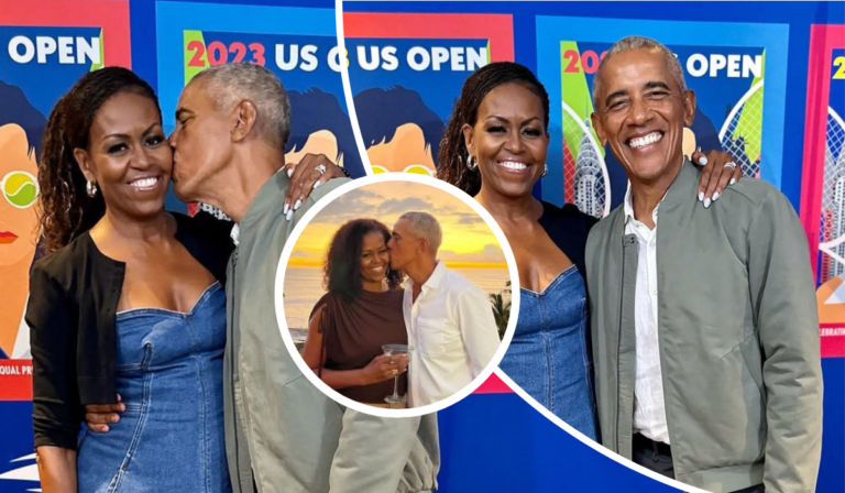 A collage featuring Barack Obama and Michelle Obama at the 2023 US Open, with moments of affection including a kiss on the cheek and a sunset embrace, set against vibrant event backdrops.