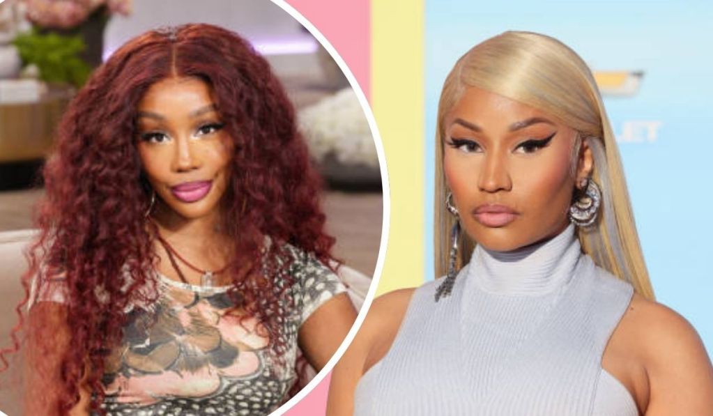 A collage featuring Sza with voluminous red curly hair in a floral top on the left, and Nicki Minaj with long blonde hair and a sleek gray outfit on the right, set against a colorful background.