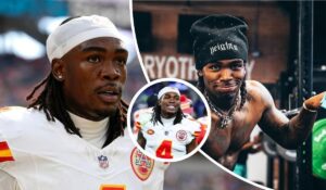 A collage showcasing Rashee Rice in various settings: on the football field wearing a Kansas City Chiefs uniform with the number 4, smiling in a game action shot, and off-field in a casual pose with a beanie and tattoos visible in a gym environment.