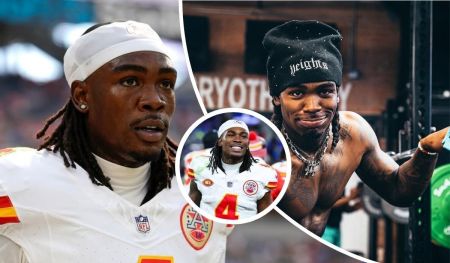 A collage showcasing Rashee Rice in various settings: on the football field wearing a Kansas City Chiefs uniform with the number 4, smiling in a game action shot, and off-field in a casual pose with a beanie and tattoos visible in a gym environment.