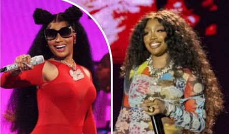 Nicki Minaj performs energetically in a vibrant red outfit with sunglasses and dual ponytails, holding a microphone, while Sza captivates the audience in a colorful, floral-patterned ensemble with flowing hair, also holding a microphone.