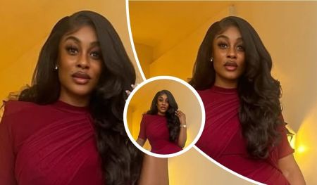 A collage featuring BBNaija star Uriel Ngozi Oputa showcasing her in a stylish red dress with long, wavy hair, set against a warm yellow background, captured from multiple angles.