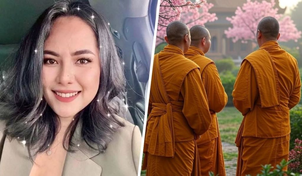 Thai woman Wilawan Emsawat with sparkling hair and a blazer is juxtaposed with three Buddhist monks in orange robes facing away, standing near pink cherry blossoms and a traditional temple in the background.