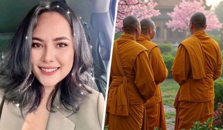 Thai woman Wilawan Emsawat with sparkling hair and a blazer is juxtaposed with three Buddhist monks in orange robes facing away, standing near pink cherry blossoms and a traditional temple in the background.