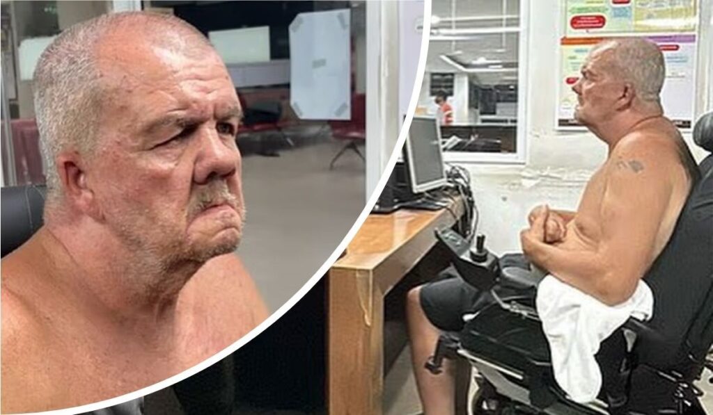 A collage featuring a shirtless elderly man with a mustache, seated in a wheelchair, with one side showing him in a dimly lit indoor setting and the other in an office environment with a computer and posters on the wall.