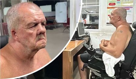 A collage featuring a shirtless elderly man with a mustache, seated in a wheelchair, with one side showing him in a dimly lit indoor setting and the other in an office environment with a computer and posters on the wall.