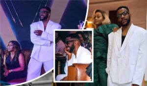A collage featuring BBNaija host Ebuka Obi-Uchendu in a stylish white suit, holding a drink at an event, sitting thoughtfully in a restaurant, and standing confidently with his wife Cynthia, who is dressed in a green outfit, showcasing their elegant presence at various occasions.