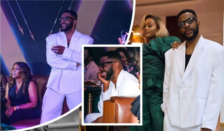 A collage featuring BBNaija host Ebuka Obi-Uchendu in a stylish white suit, holding a drink at an event, sitting thoughtfully in a restaurant, and standing confidently with his wife Cynthia, who is dressed in a green outfit, showcasing their elegant presence at various occasions.