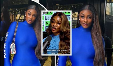 A collage featuring BBNaija star Uriel Ngozi Oputa in a striking blue outfit, captured in various poses including speaking on the "Outside the Box" show with the caption "I WENT INTO THE HOUSE NOT TO WIN," accessorized with a chain handbag, showcasing her confident style.