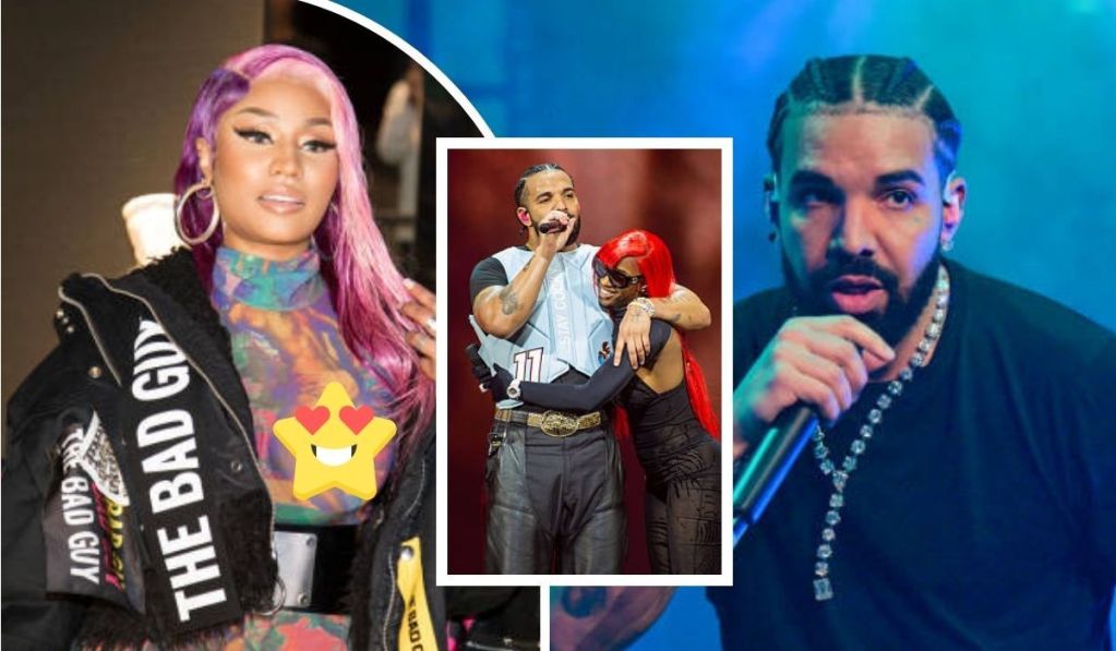 Collage showcasing Nicki Minaj in a vibrant outfit with purple hair and a "Bad Guy" jacket, Drake performing on stage with braided hair and a microphone, and Sexyy Red with red hair alongside Drake in a dynamic concert setting.