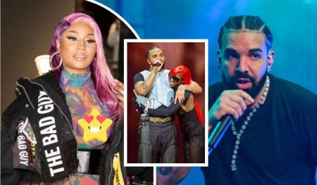 Collage showcasing Nicki Minaj in a vibrant outfit with purple hair and a "Bad Guy" jacket, Drake performing on stage with braided hair and a microphone, and Sexyy Red with red hair alongside Drake in a dynamic concert setting.