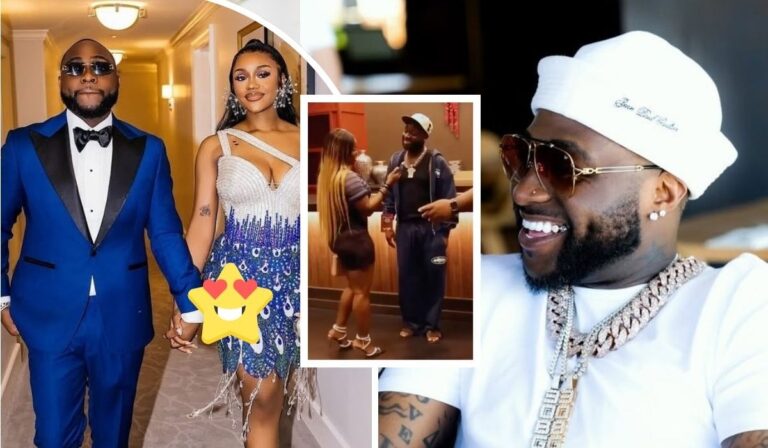 A collage showcases Nigerian singer Davido in a stylish blue suit walking hand-in-hand with his wife Chioma, who wears a sparkling dress, alongside a candid moment of Davido with a female fan, and a close-up of him in a white outfit with a bold chain and cap.