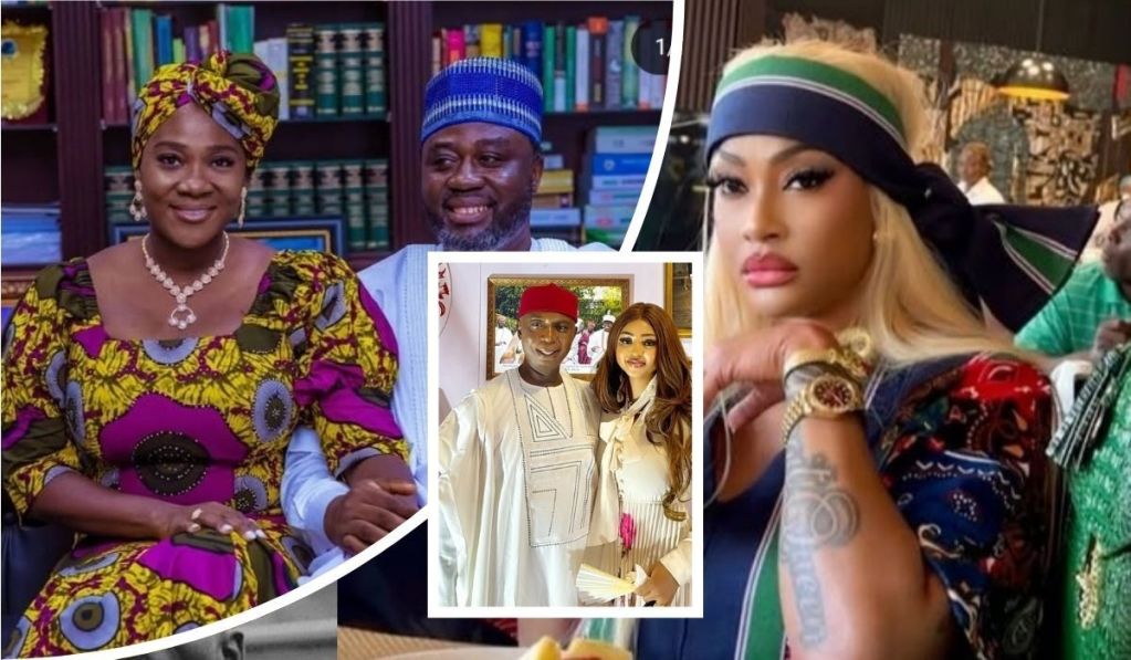 A collage showcases Mercy Johnson and her husband in vibrant traditional attire with a bookshelf backdrop, Regina Daniels and her husband in elegant white outfits with a framed photo, and Angel Okorie in a colorful ensemble with a tattooed arm and headscarf.