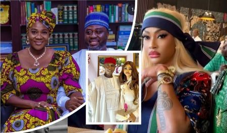 A collage showcases Mercy Johnson and her husband in vibrant traditional attire with a bookshelf backdrop, Regina Daniels and her husband in elegant white outfits with a framed photo, and Angel Okorie in a colorful ensemble with a tattooed arm and headscarf.