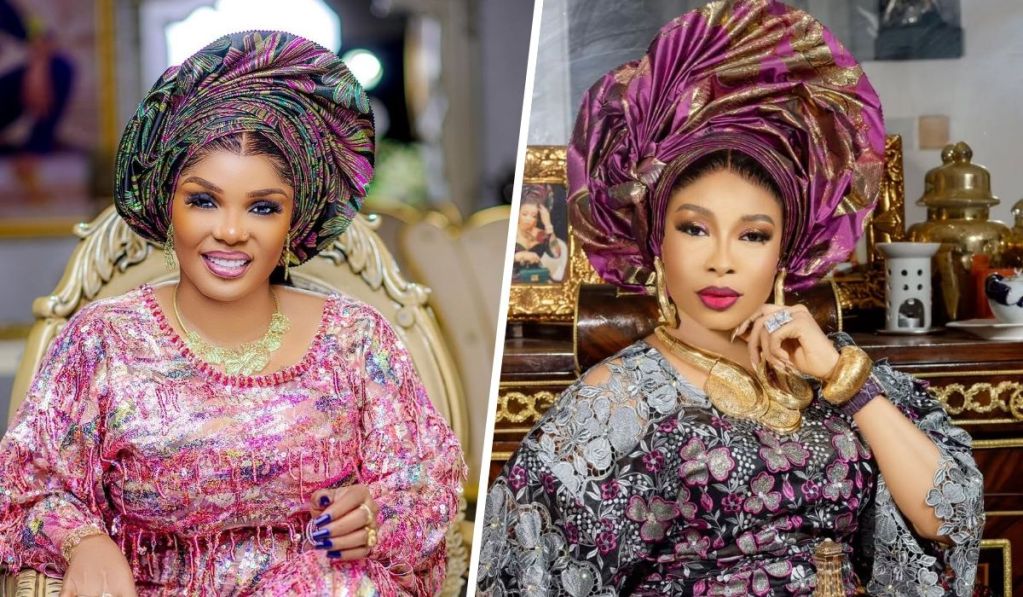 A collage showcasing actress Iyabo Ojo in a vibrant pink sequined outfit with a multicolored headwrap, seated elegantly, and Lizzy Anjorin in a purple and gold headwrap with a detailed lace dress, posing confidently with gold jewelry.