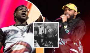 Collage featuring rappers Skepta and Joyner Lucas performing on stage, with Skepta's song cover art in the center showcasing a group of people and an "Advisory" label.