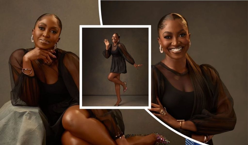Kate Henshaw beams with joy in her 54th birthday shoot, rocking a stylish black dress with sheer sleeves and glittery heels. The Nollywood star strikes playful and elegant poses, showcasing her timeless beauty and confidence. Perfect look for celebrity birthday celebration and Nigerian fashion inspiration.