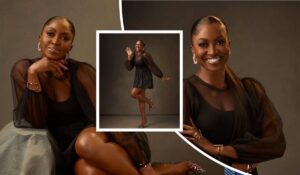 Kate Henshaw beams with joy in her 54th birthday shoot, rocking a stylish black dress with sheer sleeves and glittery heels. The Nollywood star strikes playful and elegant poses, showcasing her timeless beauty and confidence. Perfect look for celebrity birthday celebration and Nigerian fashion inspiration.