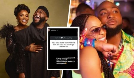 Davido with wife Chioma in traditional attire, side-by-side with a throwback photo of him and Amanda Laplubelle, plus Amanda’s Instagram reply about marriage after Davido’s wedding.