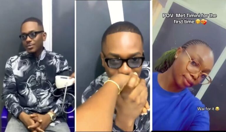 Timini Egbuson kisses a fan’s hand during their first meeting, leaving her emotional and excited — a heartwarming fan moment with the Nollywood star.