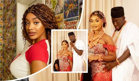 Carter Efe and his wife Emmanuella pose in traditional attire during a cultural-themed photoshoot, with Emmanuella also seen in a casual outfit. The couple displays strong chemistry, reflecting support and unity in their marriage.