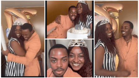 Enioluwa and Kate Henshaw share warm hugs, smiles, and laughter during her 54th birthday surprise in Abuja, with birthday balloons and cake adding to the joyful celebration. A perfect celebrity moment filled with love, surprises, and heartfelt connection.