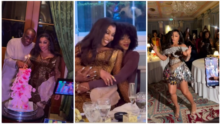 Rita Dominic cuts her 50th birthday cake with husband Fidelis Anosike, shares a warm moment with Genevieve Nnaji, and dances joyfully in a glittery mini dress during her celebration in London.