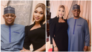 Femi Fani-Kayode poses alongside his new wife Adaugo during their traditional marriage ceremony. The couple appears elegant and joyful, dressed in matching formal outfits.