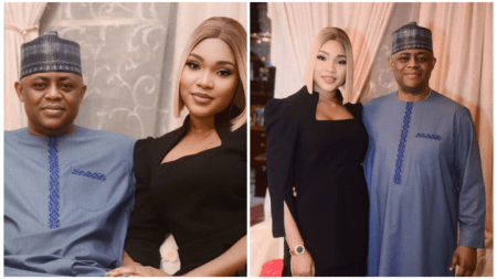 Femi Fani-Kayode poses alongside his new wife Adaugo during their traditional marriage ceremony. The couple appears elegant and joyful, dressed in matching formal outfits.