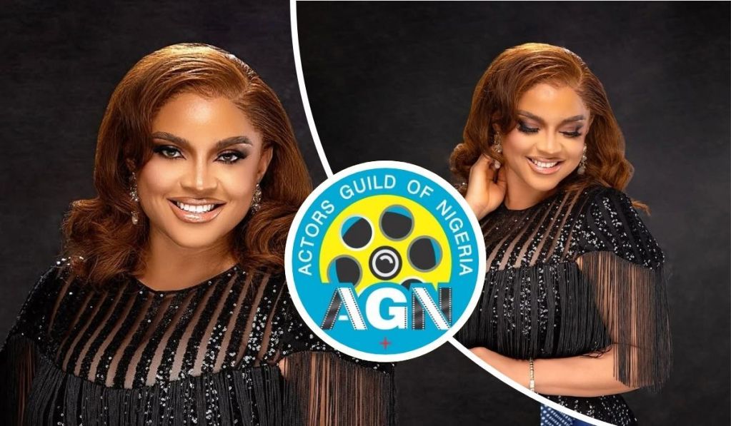 Actress Shirley Igwe smiles in a black sequin outfit beside the Actors Guild of Nigeria (AGN) logo, following her recent suspension over on-set assault allegations.