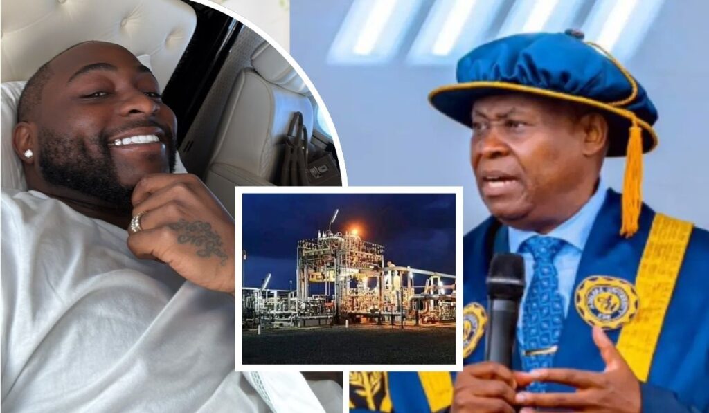 Davido smiles in a selfie alongside visuals of a large-scale power plant and his father, Dr Deji Adeleke, dressed in academic regalia, symbolising the launch of the 1250MW electricity project