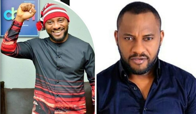 Yul Edochie appears in a side-by-side collage wearing a red-striped traditional outfit with a red cap on the left, raising his fist and smiling, and a dark buttoned shirt on the right with a serious expression.