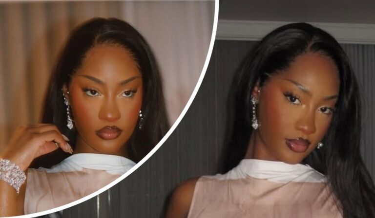 A collage showcasing Nigerian singer Tems in two elegant poses, wearing a stylish white and pink outfit with intricate jewelry, including dangling earrings and a sparkling bracelet, against a neutral background.