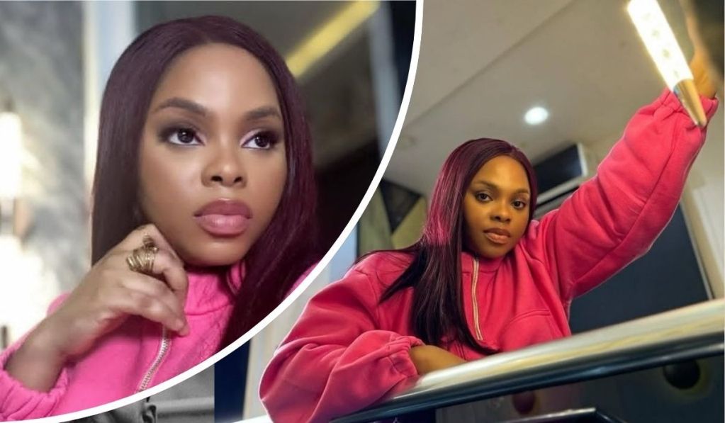 A collage showcasing singer Chidinma Ekile in two stylish poses: one where she gazes thoughtfully while adjusting her pink outfit, and another where she leans confidently on a railing in a matching pink ensemble, highlighting her vibrant look.