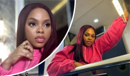 A collage showcasing singer Chidinma Ekile in two stylish poses: one where she gazes thoughtfully while adjusting her pink outfit, and another where she leans confidently on a railing in a matching pink ensemble, highlighting her vibrant look.
