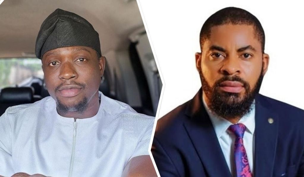 Activist VeryDarkMan, dressed in a white traditional outfit with a black cap, is seated inside a vehicle, while lawyer Deji Adeyanju appears in a formal dark suit, white shirt, and colorful tie against a neutral backdrop—capturing their respective roles in advocacy and legal representation.