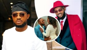 IVD appears in traditional attire on the left and a red suit on the right, while the centre shows a romantic moment between IVD and his partner Blessing CEO.