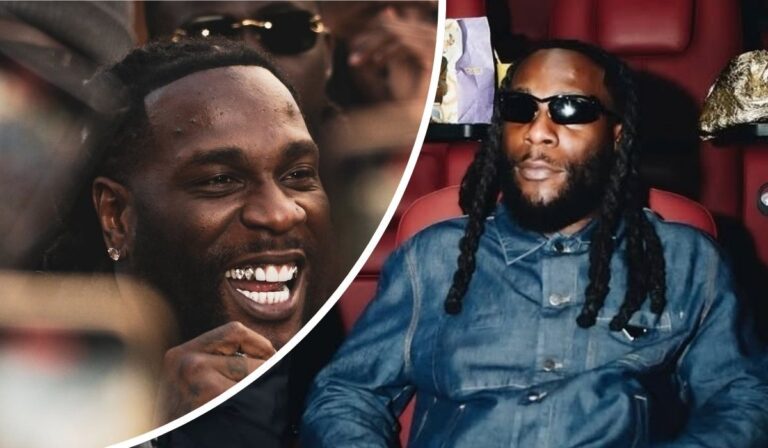 Burna Boy is seen smiling at an event in one frame, while in the other, he sits relaxed in a red cinema seat wearing dark sunglasses and a denim outfit.