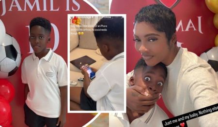 A collage featuring Tiwa Savage and her son Jamil Balogun, showcasing a young boy in a white polo shirt standing in front of a "JAMIL IS" backdrop with balloons, another shot of him using a tablet, and a close-up of Tiwa Savage with her son, accompanied by a social media post mentioning a no-social-media rule and a heartfelt caption.