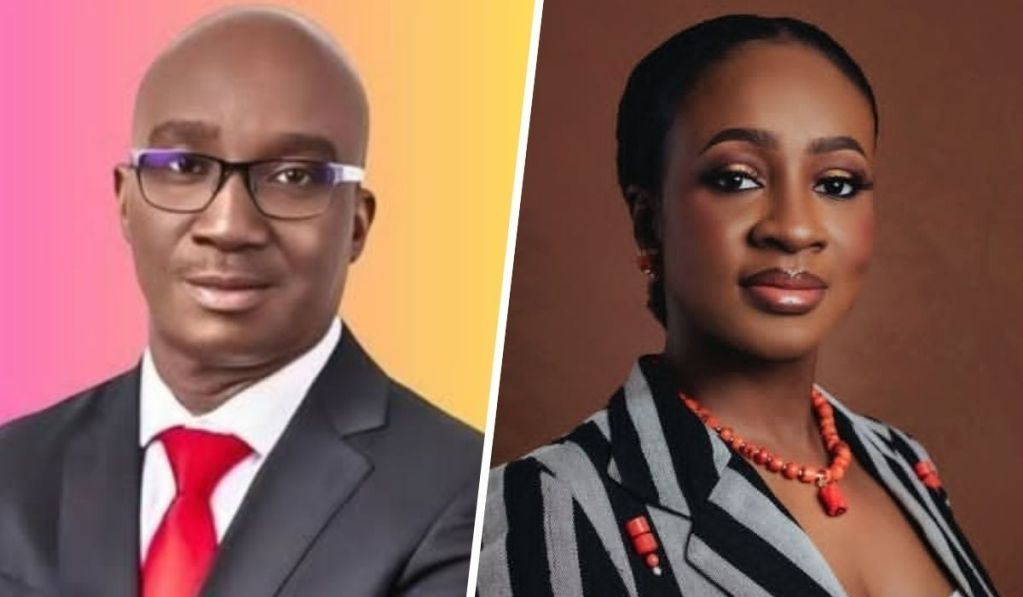 Anto Lecky stands beside Edo State Governor Monday Okpebholo during her official appointment as Senior Special Assistant on Tourism and Creative Economy.