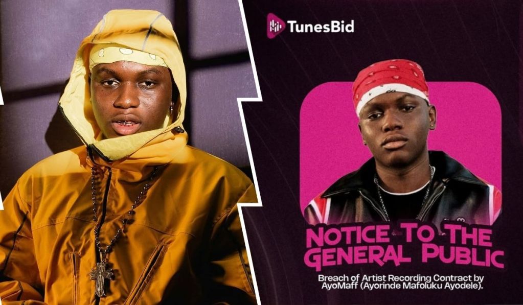 The collage showcases singer Ayo Maff, featuring him in a yellow hooded jacket with a cross necklace on the left and in a red bandana with a black leather jacket on the right, alongside a notice from TunesBid about a breach of his artist recording contract.