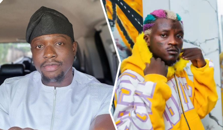 A collage featuring VeryDarkMan on the left, dressed in a white traditional outfit with a black cap, seated in a vehicle, and Portable on the right, wearing a vibrant yellow hoodie with multicolored hair and a feathered accessory, posing against a colorful backdrop.