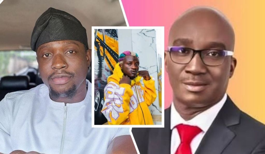 Collage showing social commentator VeryDarkMan, street-hop singer Portable in a yellow hoodie, and Edo State Governor Monday Okpebholo in formal attire.